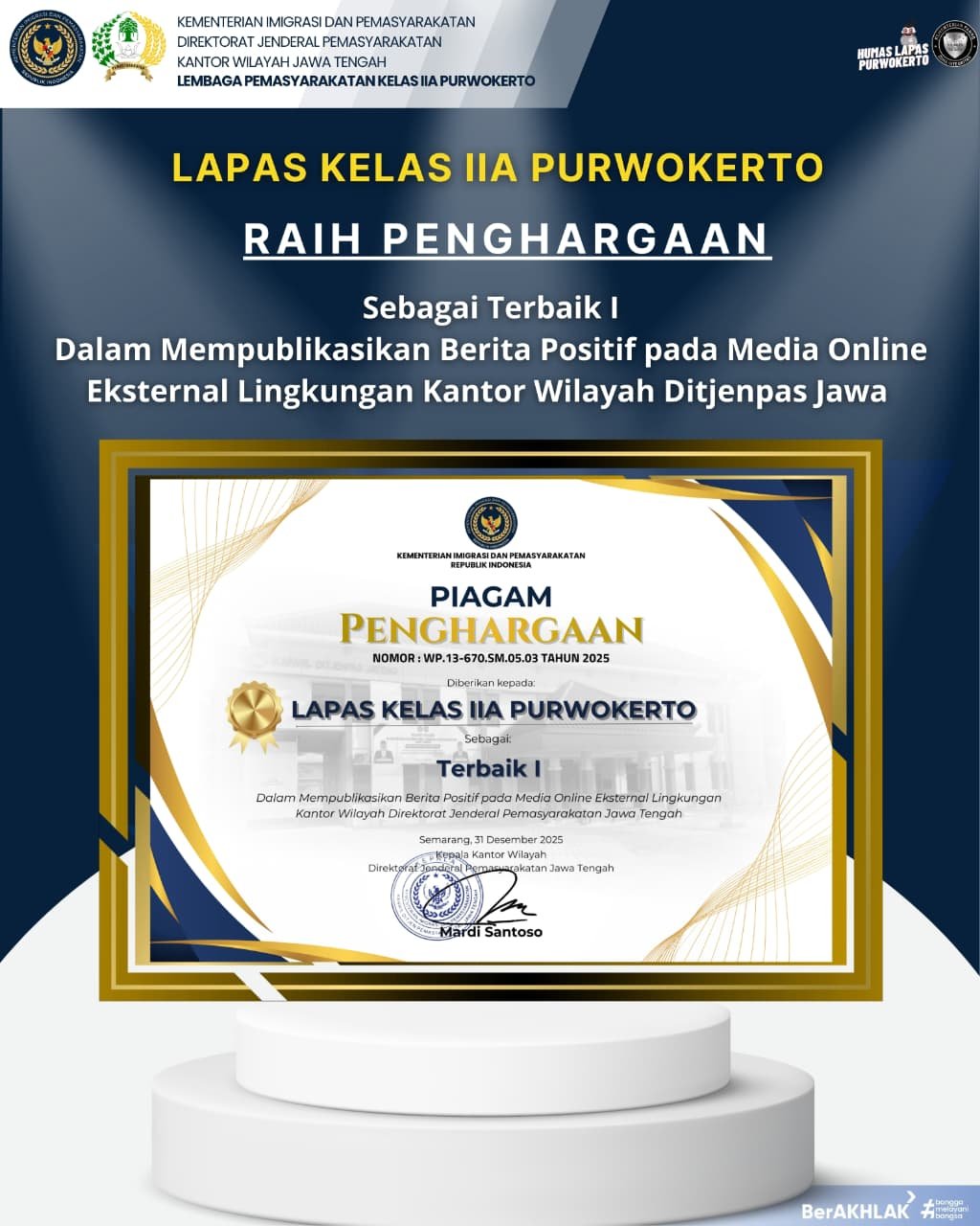 Lapas Kelas IIA Purwokerto Raih Penghargaan